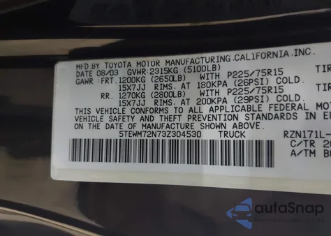 2003 Toyota Tacoma z USA, uszkodzony, nr VIN 5TEWM72N73Z304530